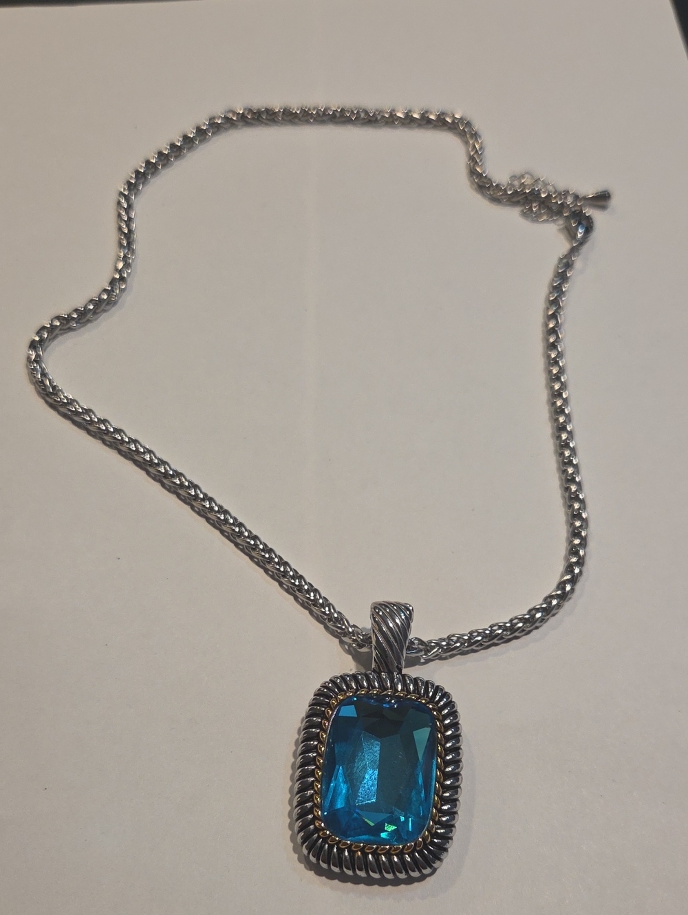 Blue Crystal Pendant Necklace - Silver Tone